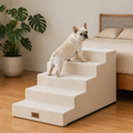 Cozy Bliss 5 Step Right-Angle Arthritis Prevention Foam Pet Stairs in Beige with a dog stepping on it by the bed. #color_Beige