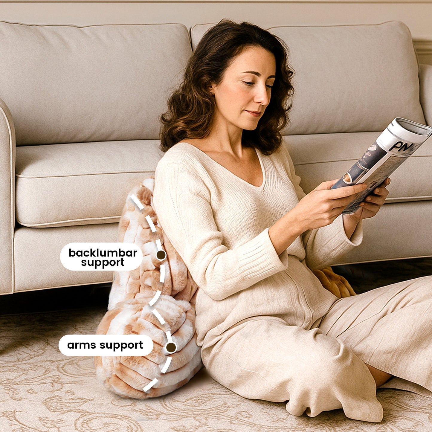Cozy Bliss faux fur reading pillow providing back lumbar and arm support for cozy reading time #color_Tie-dye Beige