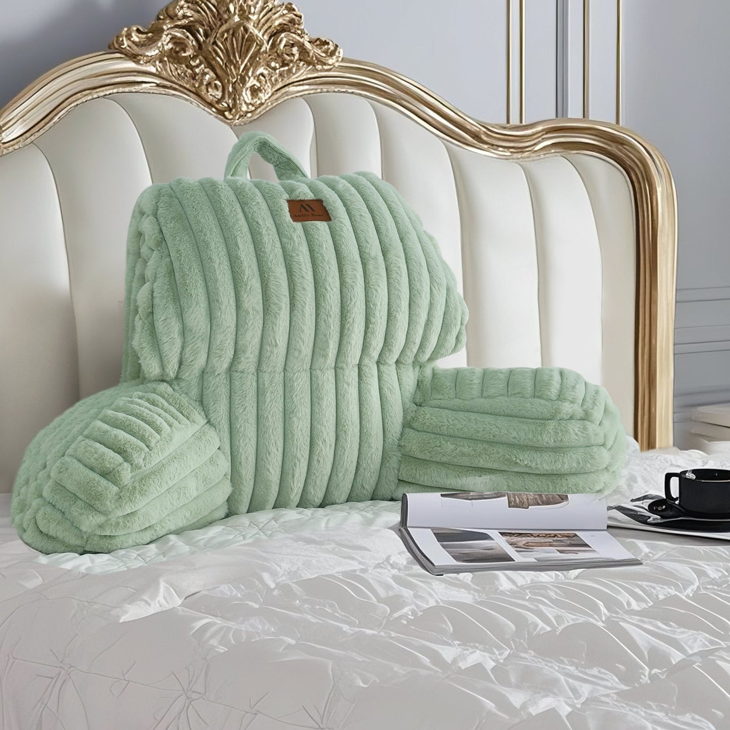 Cozy Bliss striped faux fur backrest pillows in sage green on a bed #color_Sage Green