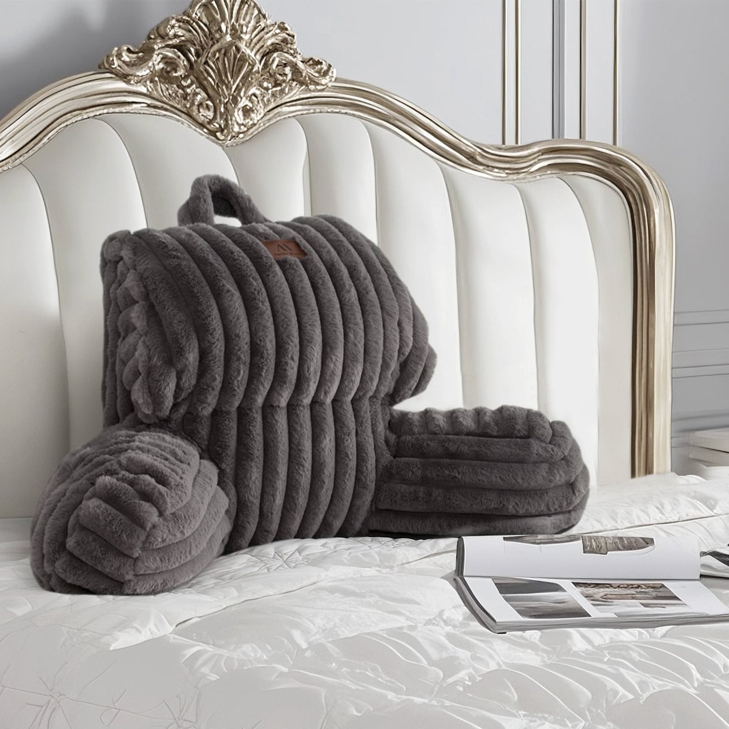 Cozy Bliss striped faux fur backrest pillows in Charcoal Grey #color_Charcoal Grey