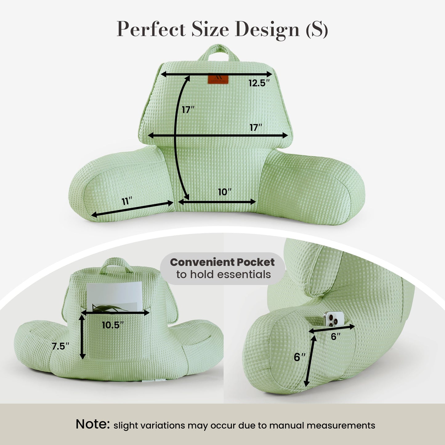 Small Size measurement of Cozy Bliss sage green backrest reading pillow. #color_Sage Green