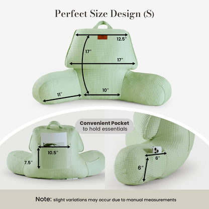 Small Size measurement of Cozy Bliss sage green backrest reading pillow. #color_Sage Green