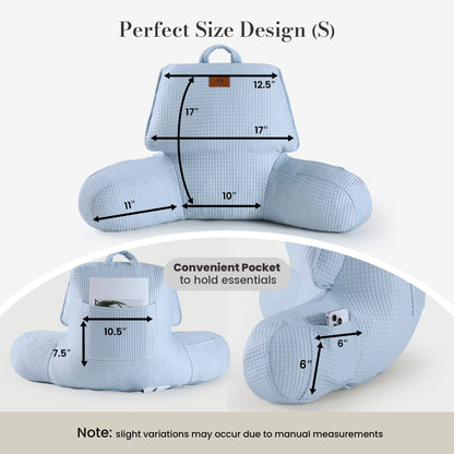 Small Size measurement of Cozy Bliss blue backrest reading pillow. #color_Cool Blue