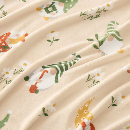 Close up of spring gnomes milkyplush throw blanket in Beige, showcasing colorful gnome pattern and smooth plush texture #color_Beige