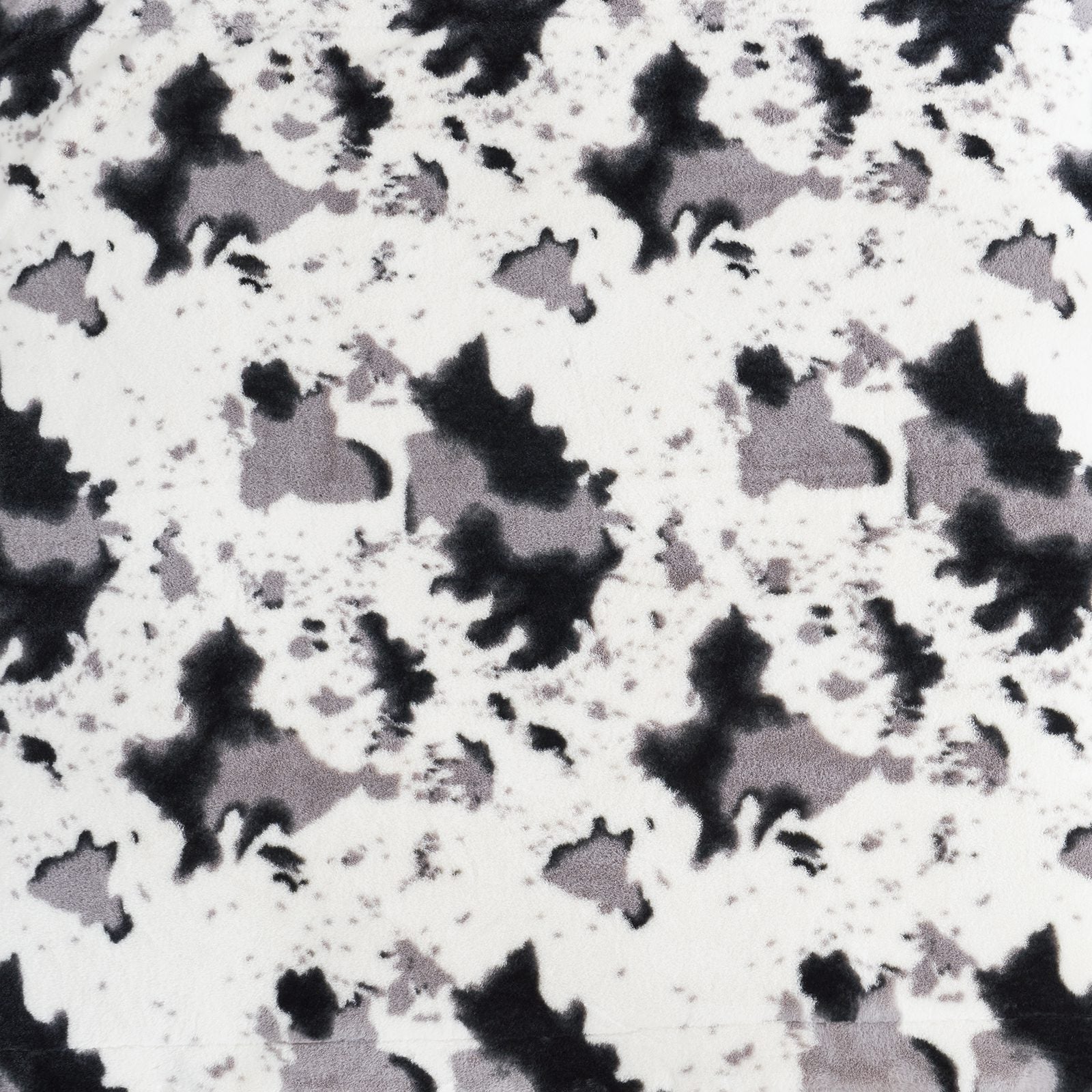 Cow print faux fur blanket, cozy blanket with black, gray and white pattern. #color_Black/Grey Cow
