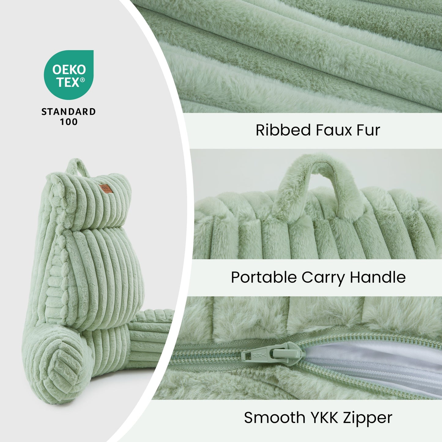 Cozy Bliss striped faux fur backrest reading pillow with portable carry handle and OEKO-TEX certified fabric #color_Sage Green