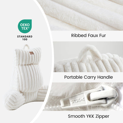 Cozy Bliss striped faux fur backrest reading pillow with portable carry handle and OEKO-TEX certified fabric #color_Ivory