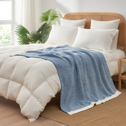 Heather Feather Yarn Throw Blanket in pale blue styled on a bed, enhancing bedroom decor with a soft, elegant and cozy layered look.  #Color_Pale Blue
