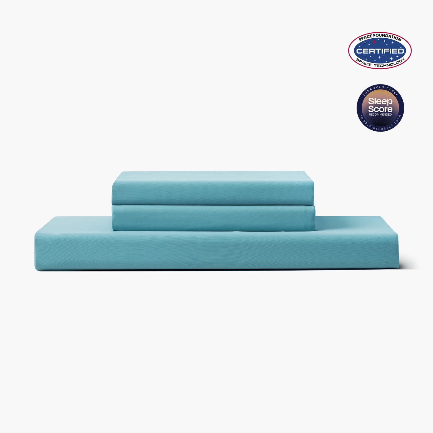 Blue bed sheets set with Space Foundation and Sleep Score certification logo on a white background#color_Dream Blue