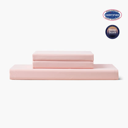 Pink bed sheets set with Space Foundation and Sleep Score certification logo on a white background#color_Pink