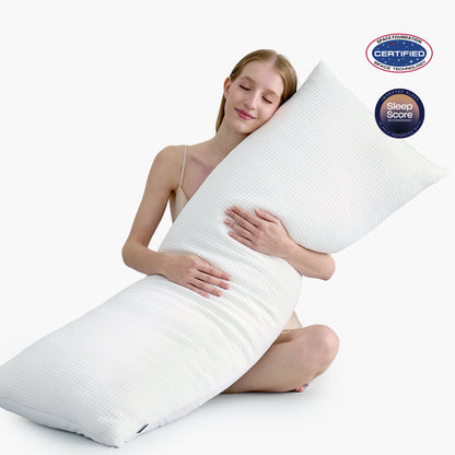 Women hugging body pillow with space station and sleep score certifications. #color_Off White