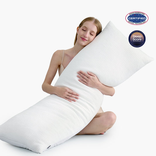Women hugging body pillow with space station and sleep score certifications. #color_Off White